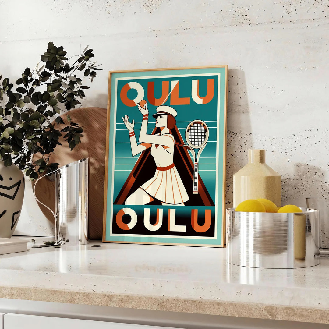 Poster vintage Art Déco di Oulu, Finlandia in tonalità rosse e arancioni