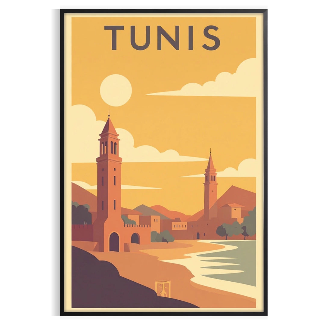 space stunning Tunis Tunisia vintage travel poster vibrant shades yellow orange Art Deco style lovers enthusiasts captivating piece charm today A4 cm A0