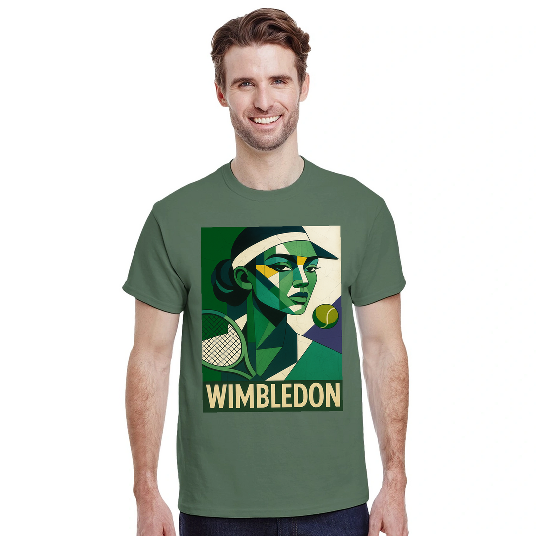 ウィンブルドン・キュビスト・テニスTシャツ。ユニークなキュビズムデザインが特徴で、テニス愛好者にもファッション好きにも最適なアイテム。サイズはS、M、L、XL、XXLがあります。