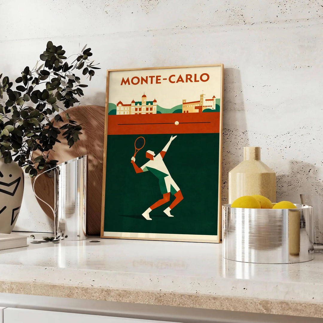 Póster de ténis Monte-Carlo Monaco, design cativante em preto e laranja, disponível em 50x70 ou 30x40 cm, ideal para amantes