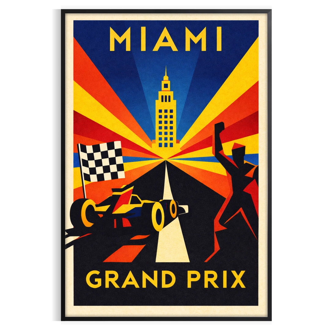 space striking Miami United States F1 poster dynamic black yellow colors excitement Formula 1 racing vibrant detail eye piece decor size A4 cm A0