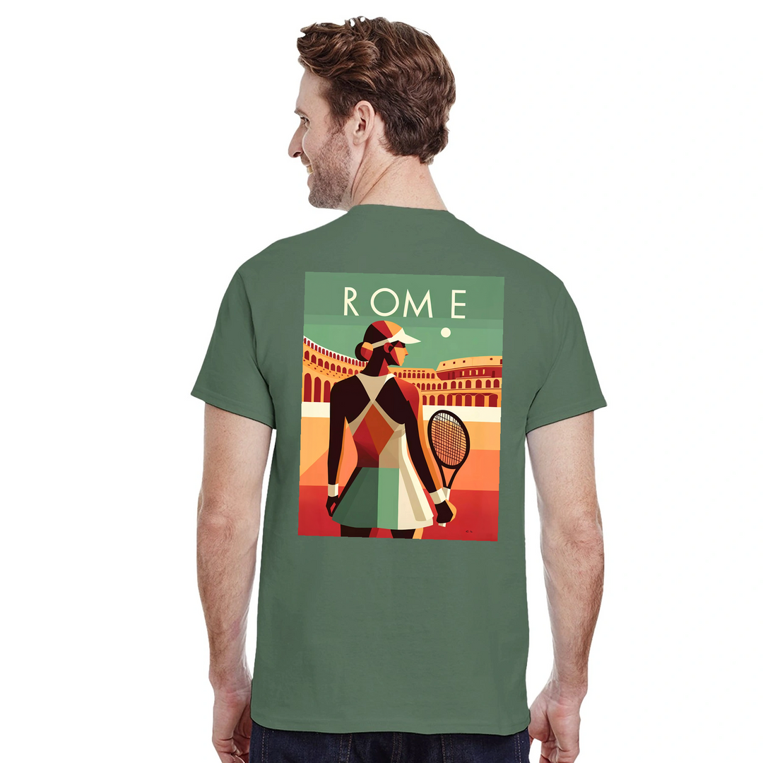 情熱的なファンとスタイリッシュなアスリートのためにデザインされたローマテニスTシャツ。コート内外での着用に最適な鮮やかなテニスグラフィックが特徴。柔らかく通気性のあるコットン素材で快適さを提供します。