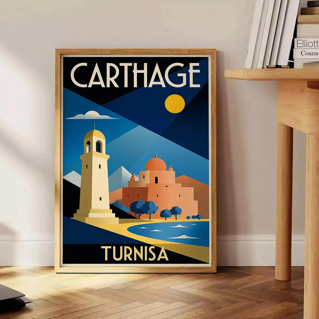 Art Deco poster featuring Carthage, Tunisia with blue and green hues