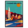 vibrant charm Ciudad del Este Paraguay stunning Art Déco vintage poster warm orange brown tones artwork perfect retro flair space eye piece dimensions cm A4 A0