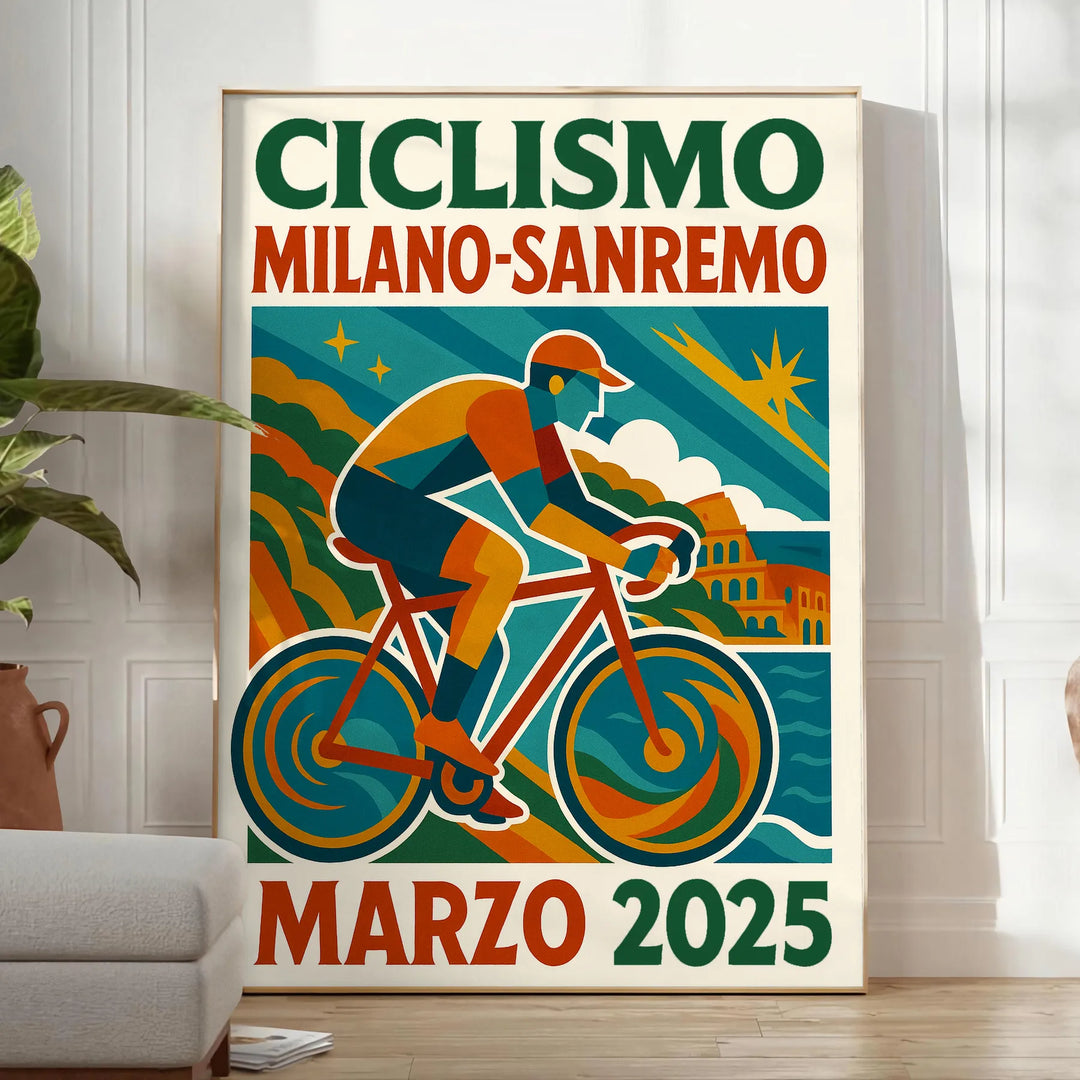 Fira spänningen från Milano Sanremo cykeltävlingen med vår livfulla poster i stark röd och blå. Perfekt för cykelentusiaster
