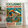 Fira spänningen från Milano Sanremo cykeltävlingen med vår livfulla poster i stark röd och blå. Perfekt för cykelentusiaster