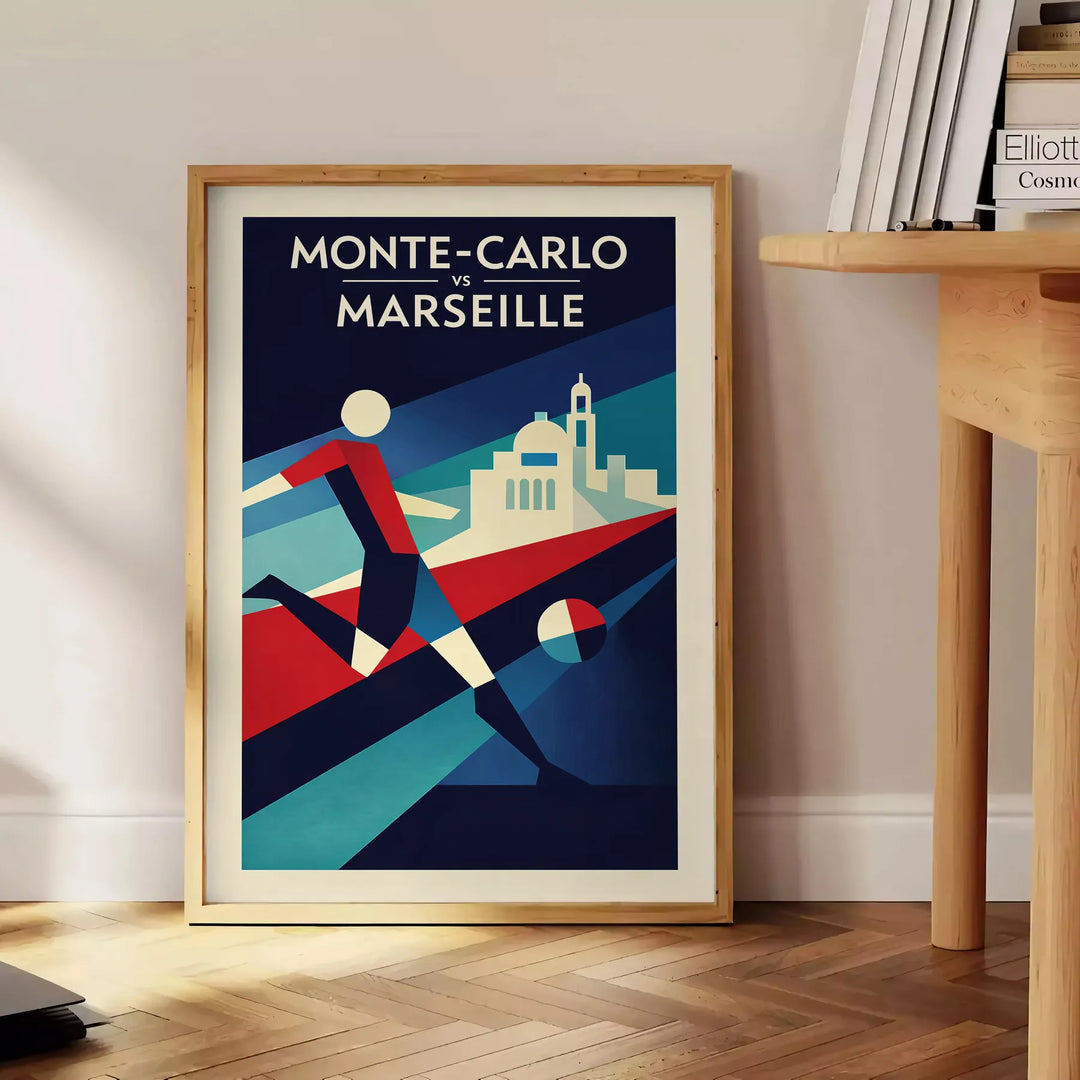 Stilvolles Fußballposter Monte-Carlo Monaco in Rot und Grau, erhältlich in 50x70 oder 30x40 cm. Perfekt für Fußballfans