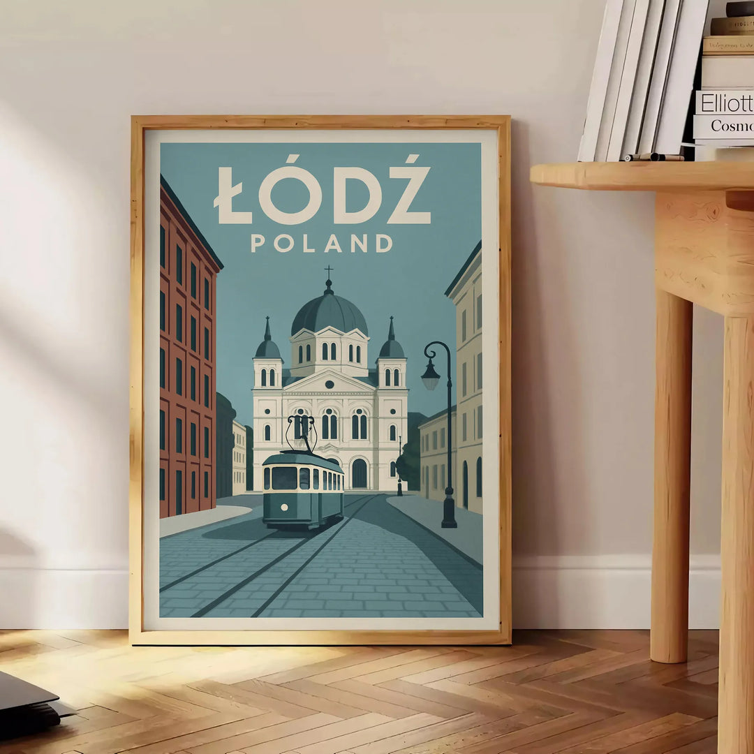 Łódź cityscape poster in orange and green, modern minimalist graphic print