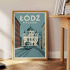 Łódź cityscape poster in orange and green, modern minimalist graphic print