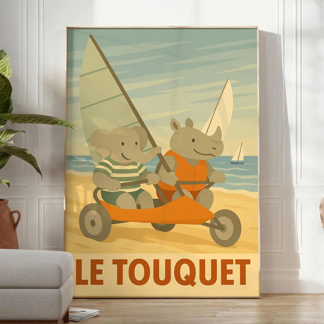 whimsical charm kid elephant rhinoceros poster sandy fun Le Touquet sand yachting gray green tones eye design perfect child room joy walls