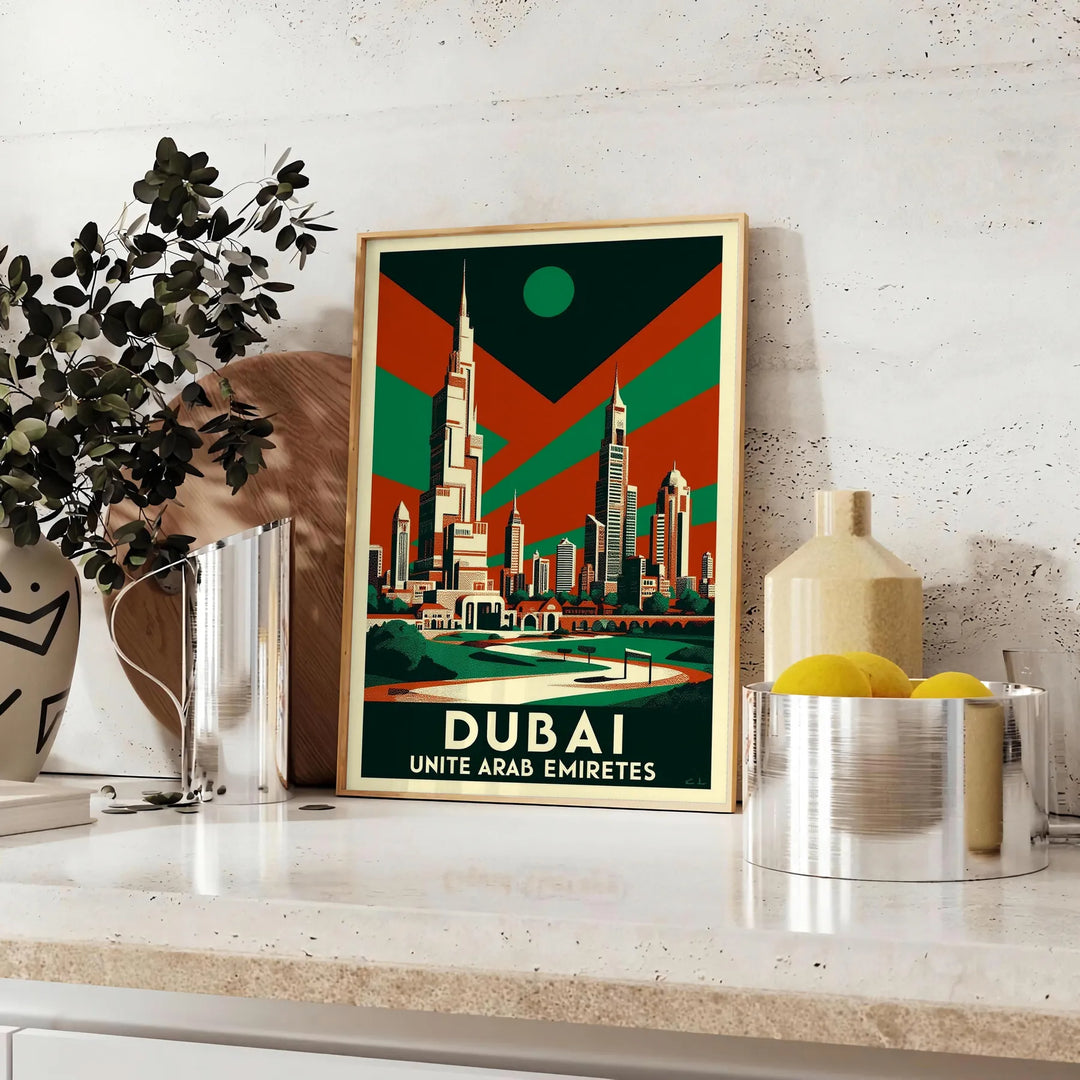 Dubaijas vintage ceļojumu Art Deco plakāts, eleganti zaļā un pelēkā krāsā, 50x70 vai 30x40 izmērā, ideāli piemērots telpu dek