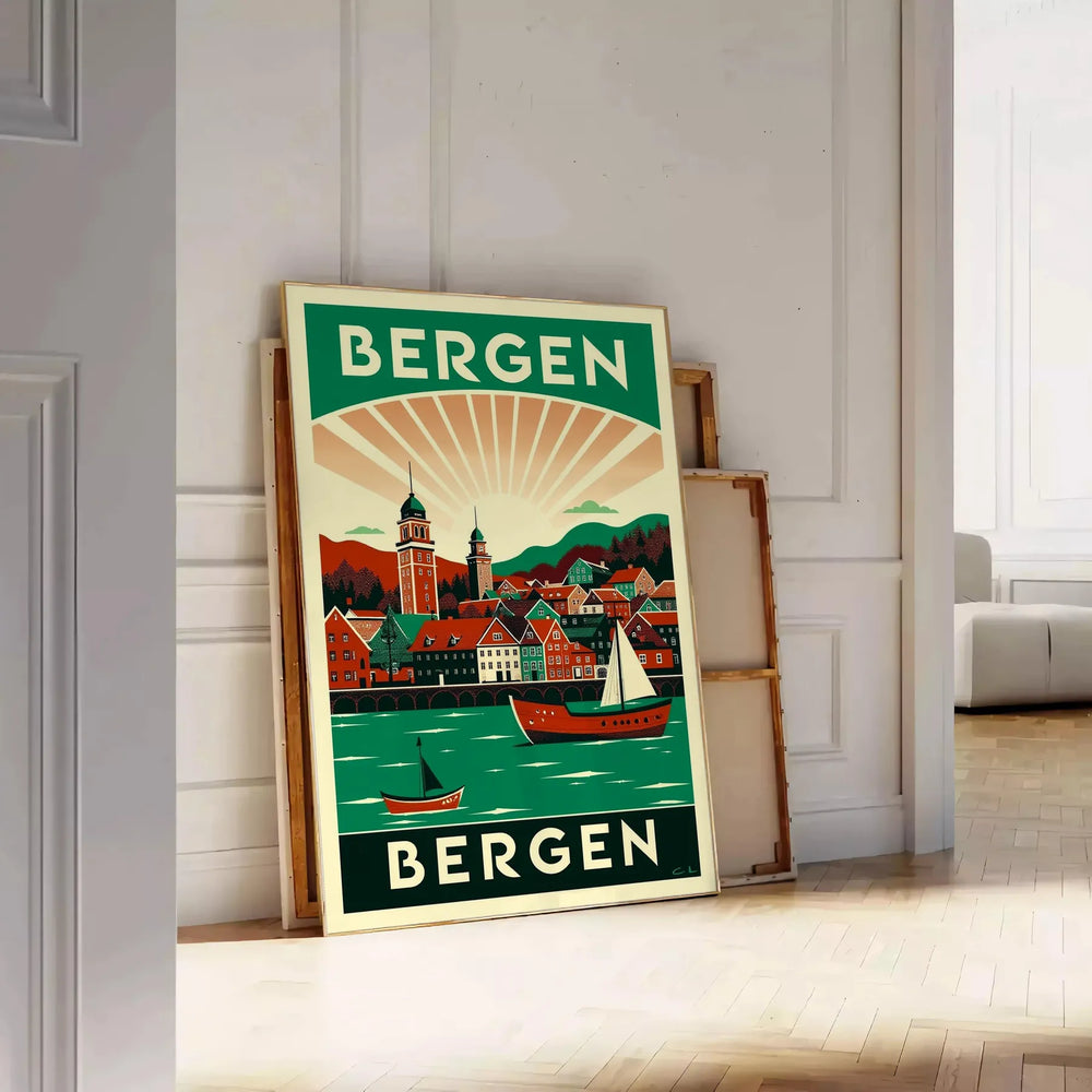 space stunning Art Déco vintage poster Bergen Norway elegant shades green gray canvas touch sophistication room decor formats A4 cm A0