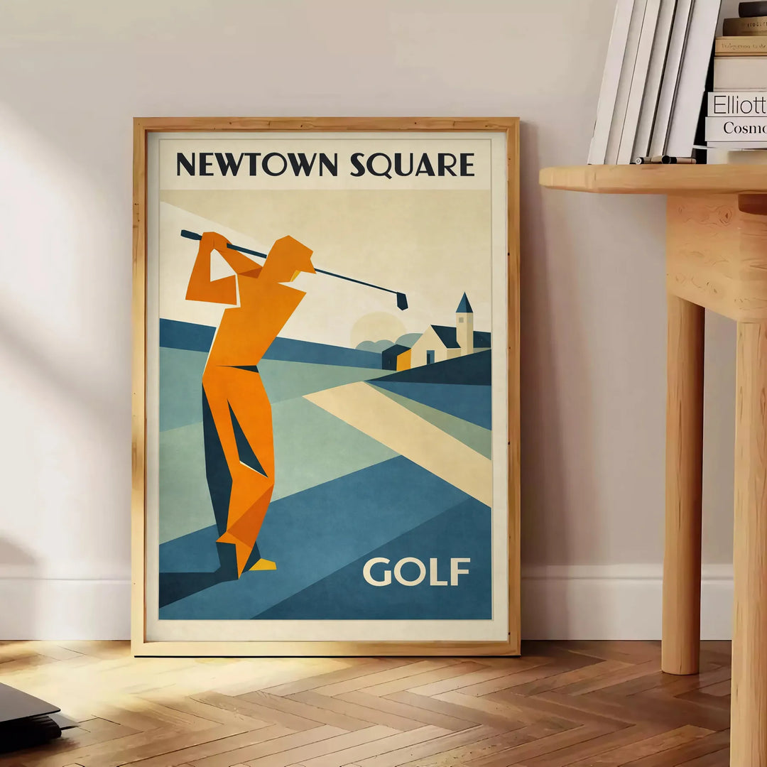 Pôster vintage de golfe Newtown Square com paleta verde e cinza, ideal para entusiastas do golfe e como presente para pais