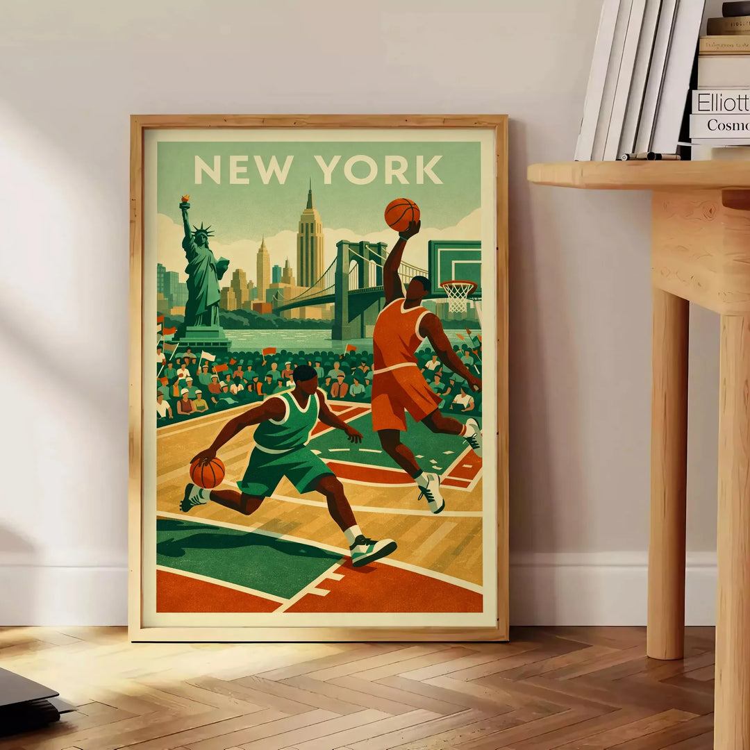 space vibrant New York USA NBA poster stunning blend brown orange hues sports enthusiasts city lovers eye piece walls available A4 cm A0