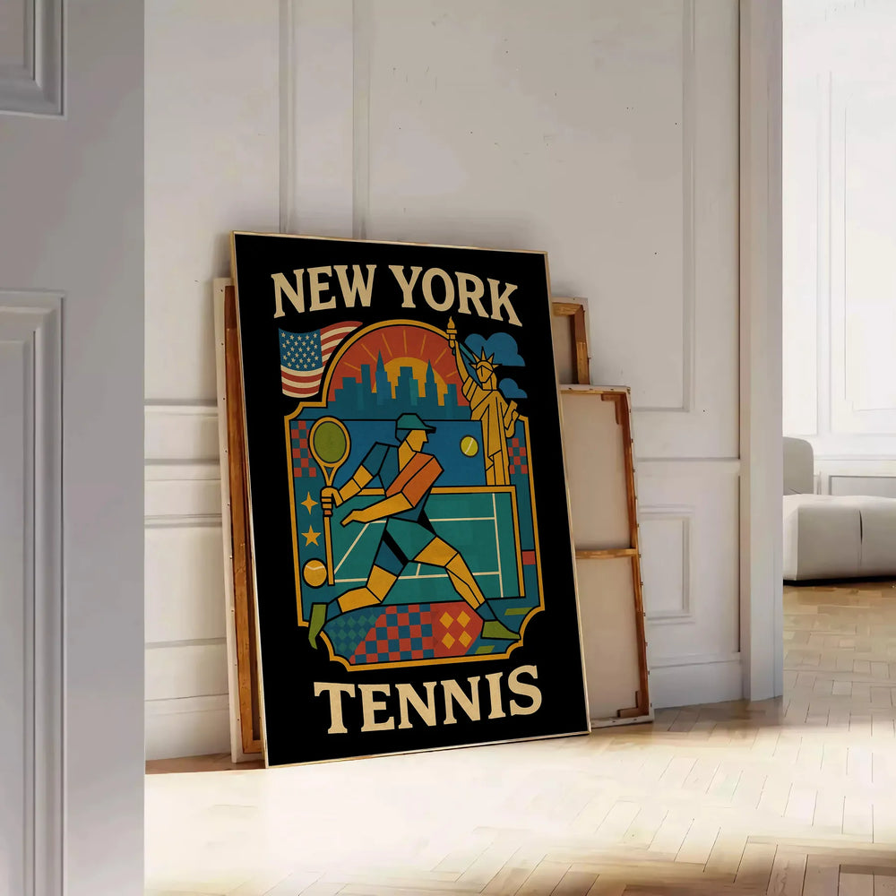 space New York Vintage Cartoon Tennis poster timeless design stylish gray blue hues perfect enthusiasts art lovers eye piece dimensions cm touch nostalgia home A4 A0