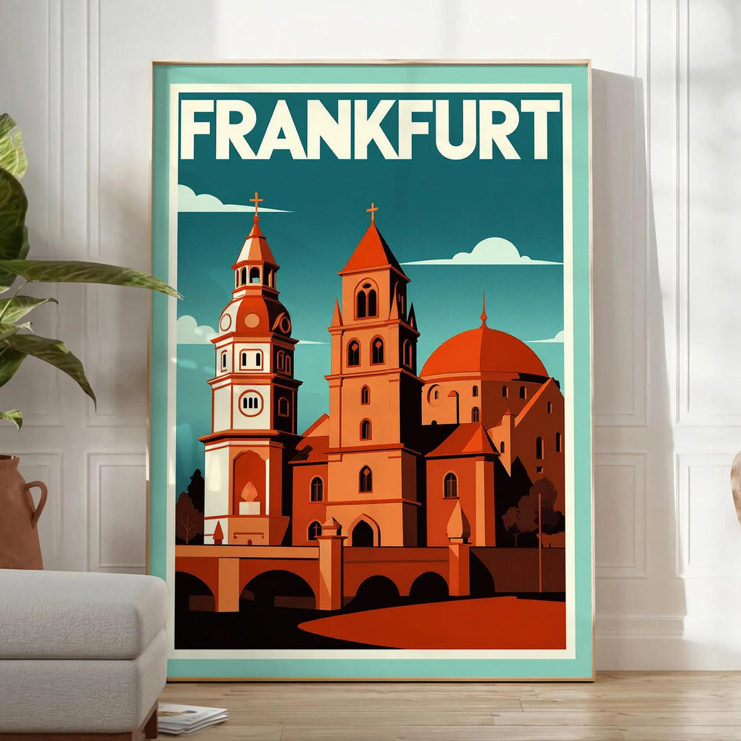 Plakat w stylu Art Déco przedstawiający Frankfurt, Niemcy, w intensywnych czerwonych i pomarańczowych odcieniach, idealny do
