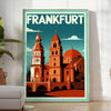 Plakat w stylu Art Déco przedstawiający Frankfurt, Niemcy, w intensywnych czerwonych i pomarańczowych odcieniach, idealny do
