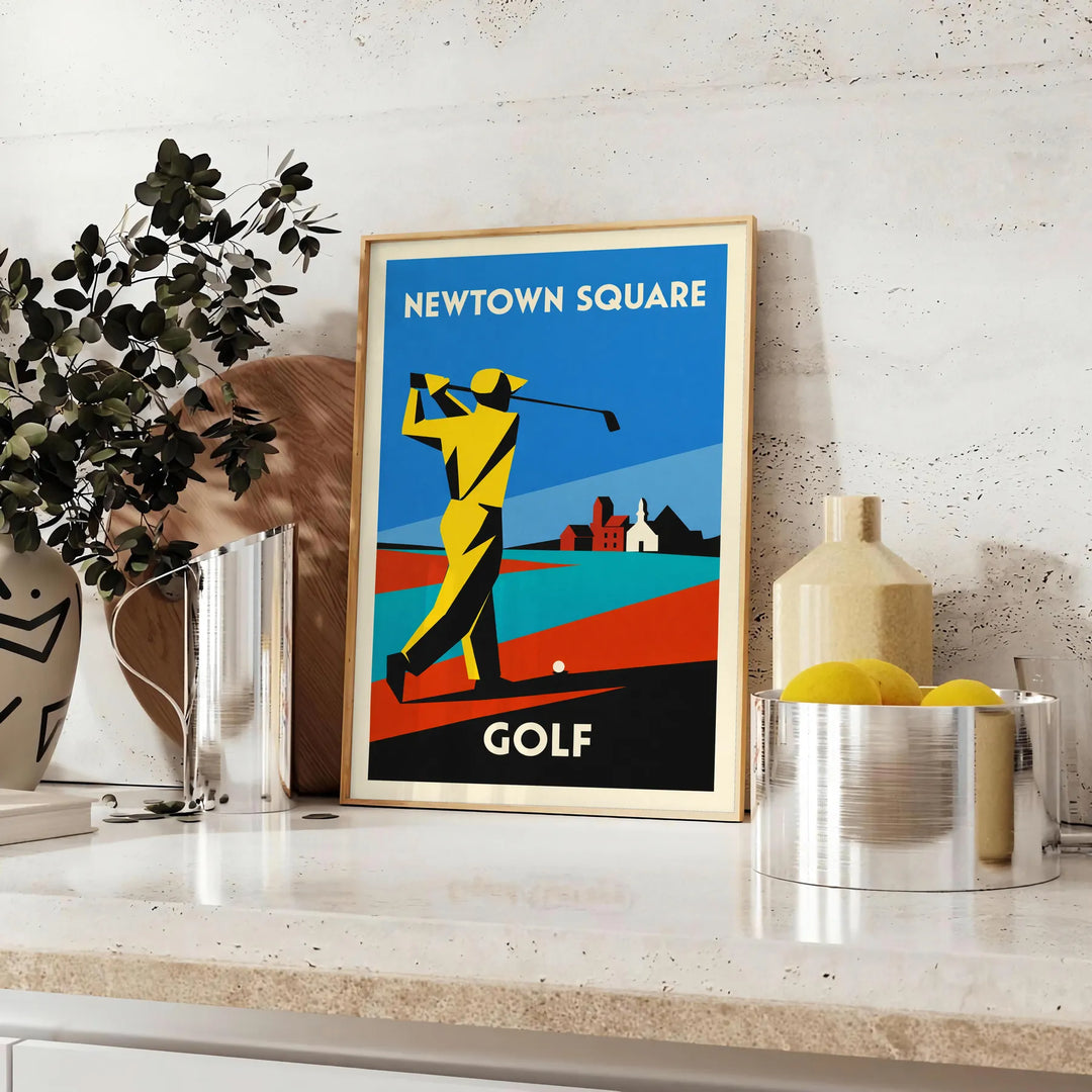 Plakat w stylu vintage przedstawiający scenę golfową w Newtown Square, Stany Zjednoczone, w zielonych i niebieskich odcieniach