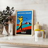 Plakat w stylu vintage przedstawiający scenę golfową w Newtown Square, Stany Zjednoczone, w zielonych i niebieskich odcieniach