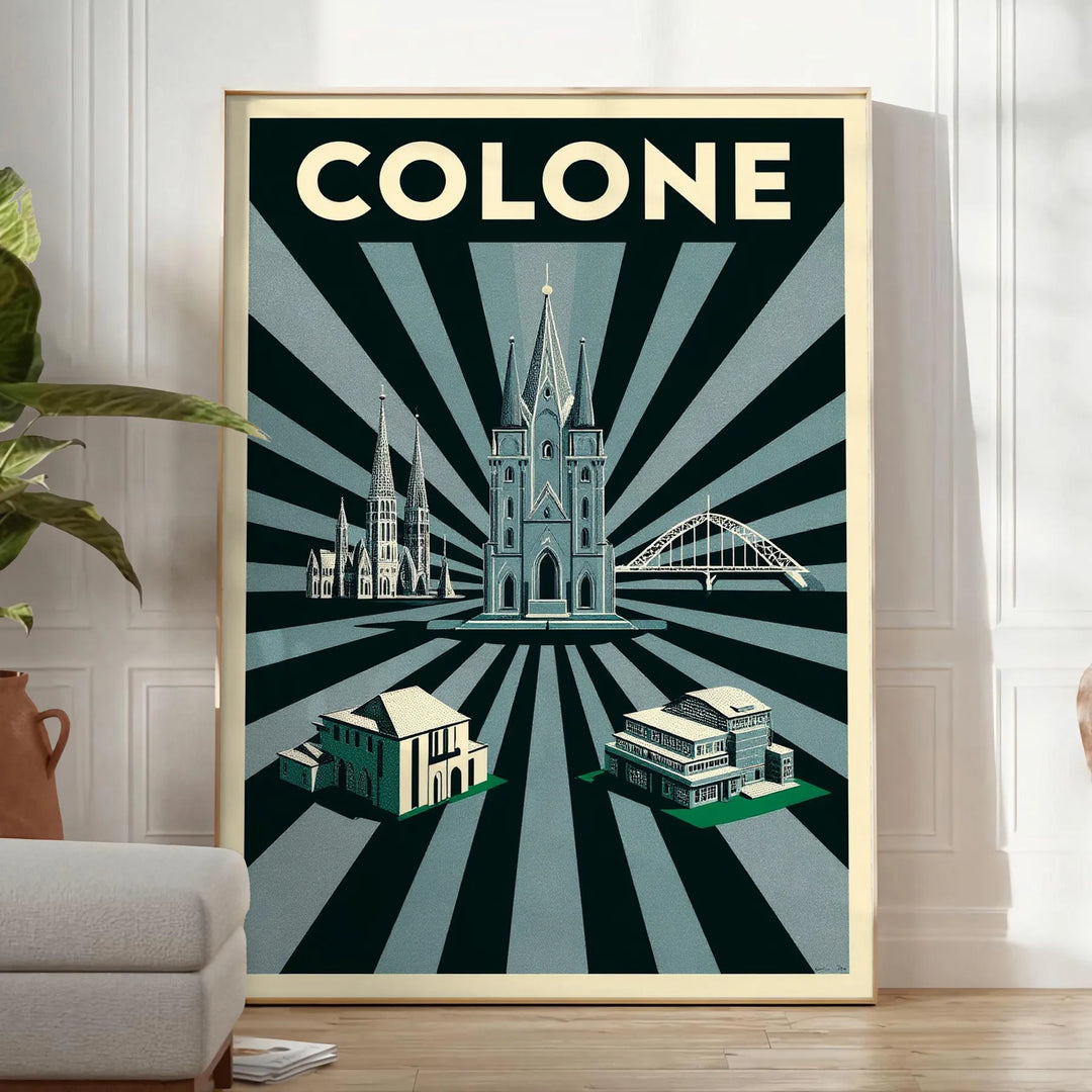 Art Déco poster of Cologne skyline in green and black