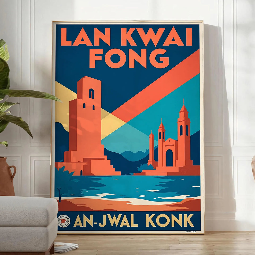 space stunning vintage travel art deco poster Lan Kwai Fong Hong Kong vibrant orange green tones cm masterpiece essence iconic locale decor formats A4 A0