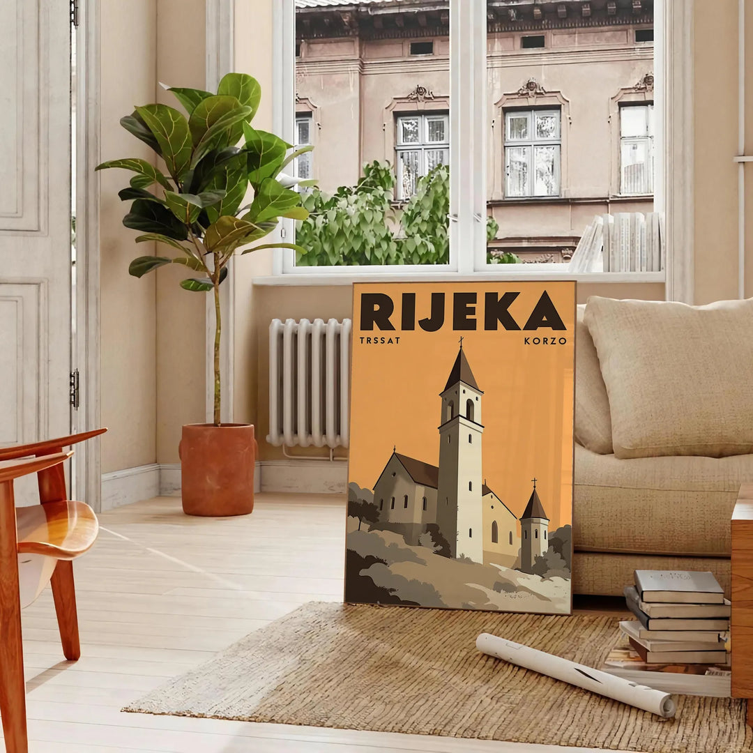 Manifesto Art Déco di Rijeka, Croazia, scena cittadina marrone e verde