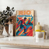 Vintage poster med Rio fotbollstema i livfulla gula och blå färger, perfekt för sportentusiaster. Finns i storlekarna 50x70 o
