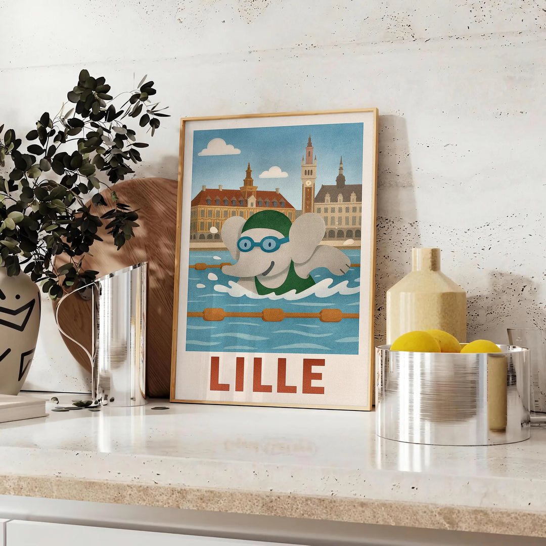 Πόστερ με ελέφαντα που κολυμπάει για παιδιά, σε παιχνιδιάρικες αποχρώσεις μπλε και γκρι, ιδανικό για φωτισμό του δωματίου