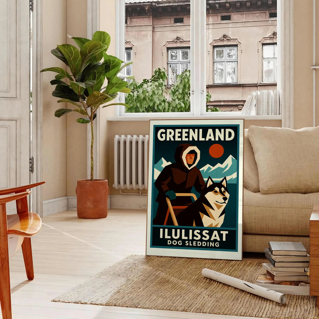 Affiche captivante sport traîneau chiens Groenland teintes grises orange incontournable passionnés aventure œuvre unique dimensions cm espace formats A4 A0