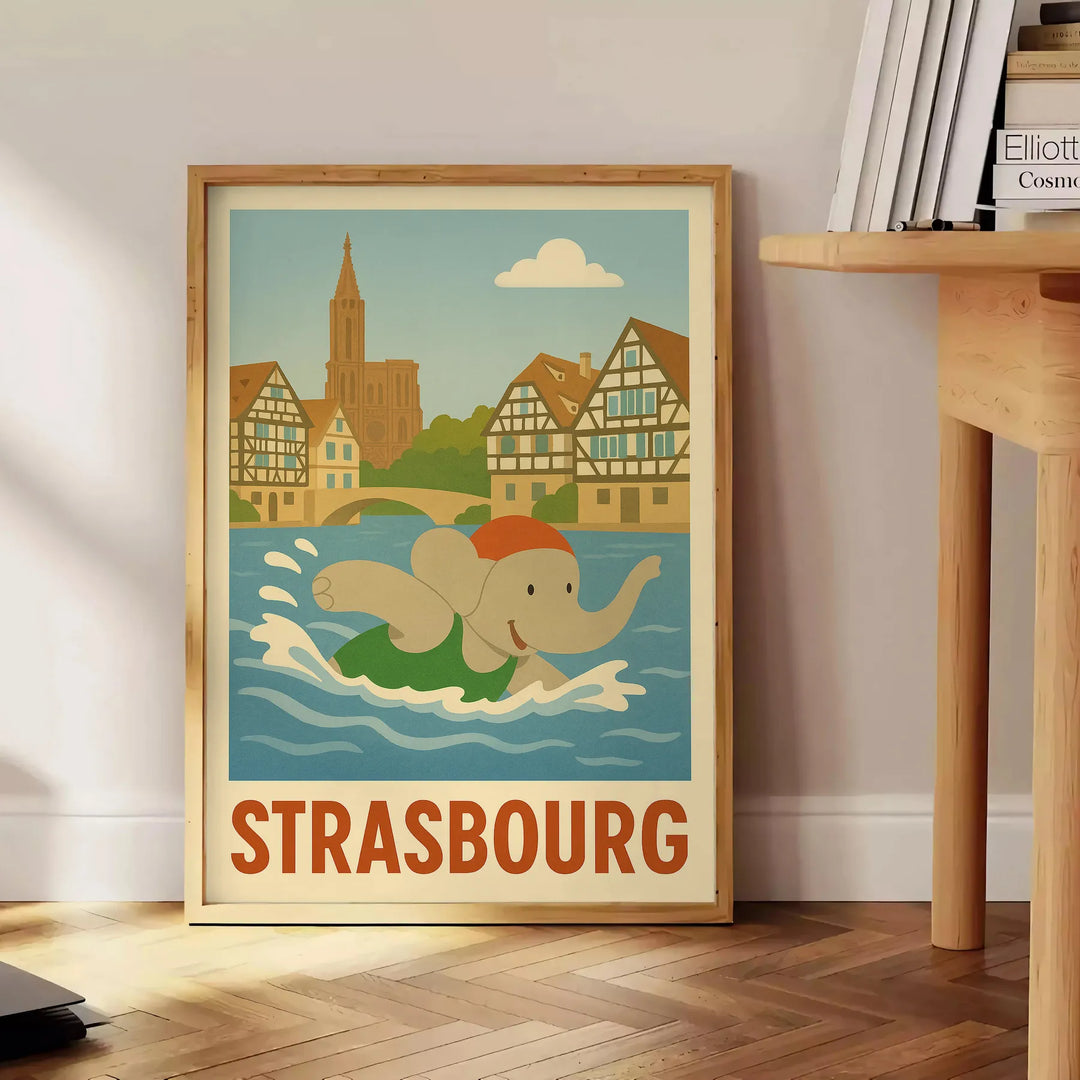 ストラスブールの子供用水泳ゾウポスター。灰色と緑の鮮やかなアートが子供部屋を楽しく彩ります。