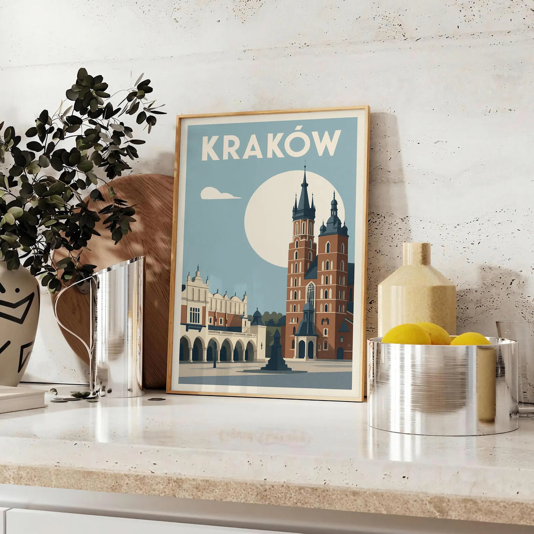 Kraków city skyline poster in gray and green, minimalist illustration