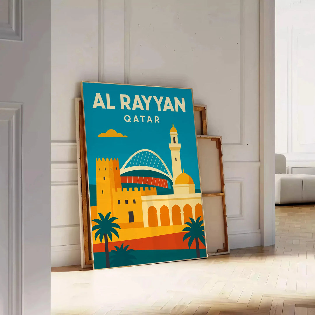 Stylized Al Rayyan, Qatar cityscape poster with bold green and red tones
