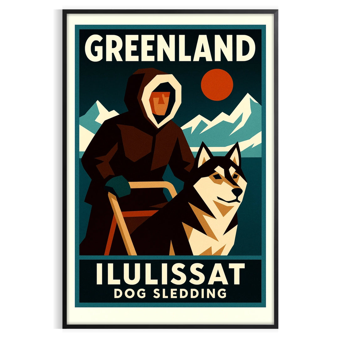 thrill Greenland dog stunning poster vibrant gray orange hues sports enthusiasts captivating artwork excitement room sizes cm A4 A0 space