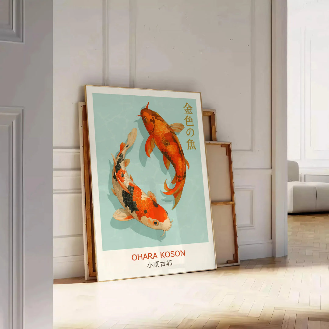 Poster di pesci Ohara Koson con eleganti tonalità di blu e rosso, perfetto per abbellire qualsiasi ambiente