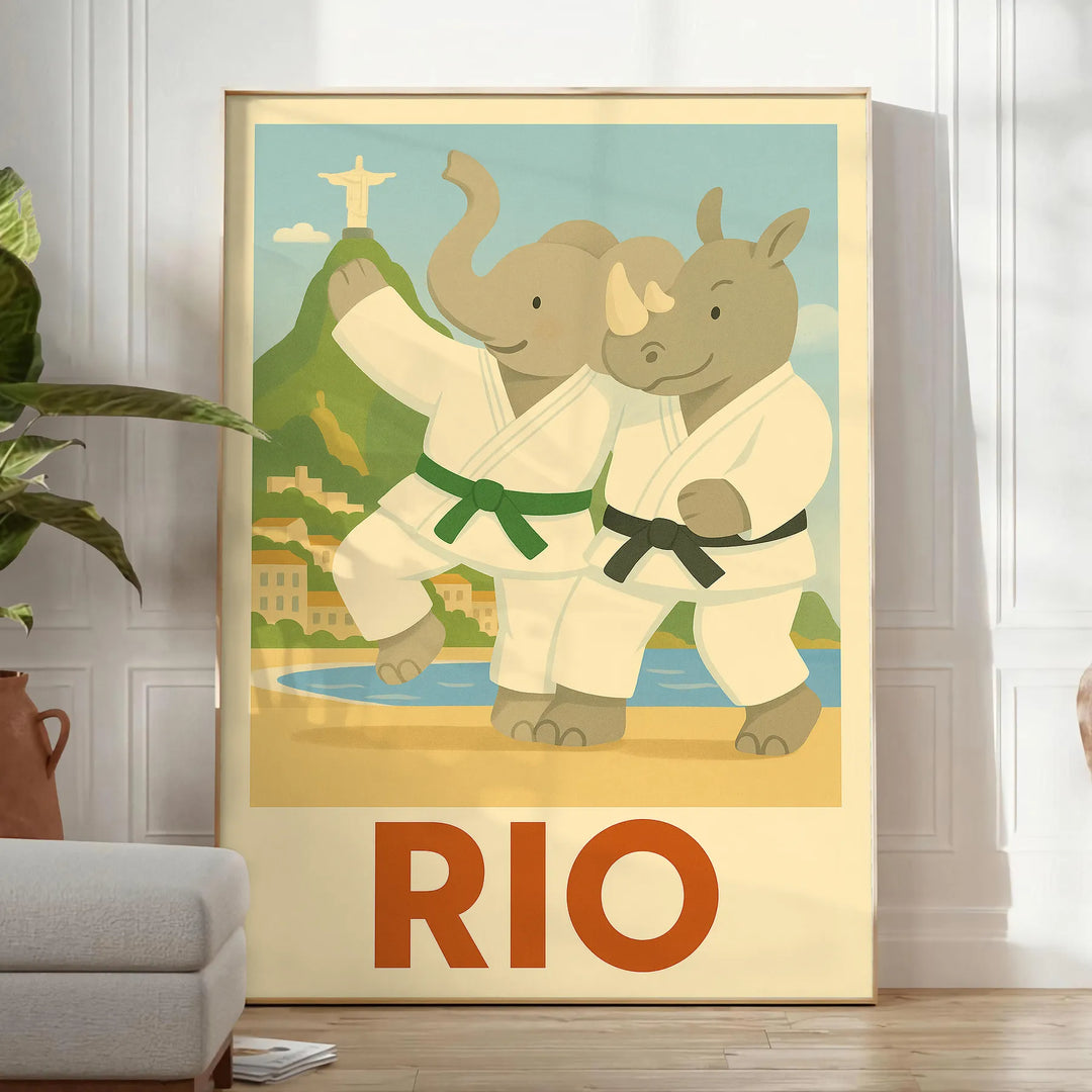 delightful kid elephant rhino judo poster vibrant spirit Rio de Janeiro playful interplay gray green eye design perfect child space unique today unframed options