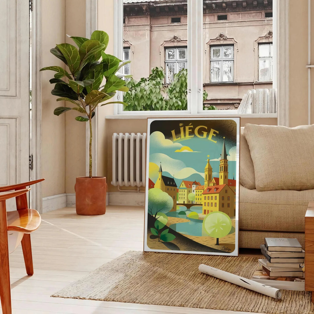 Póster vintage Art Déco de Lieja, Bélgica, paisaje urbano estilizado verde y blanco