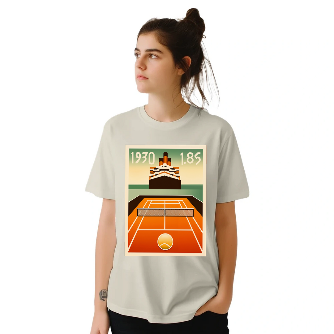 タイタニックテニスTシャツ。クラシックなタイタニックのエレガンスとテニスの楽しさを融合したユニークなデザインのTシャツ。サイズ: S, M, L, XL, XXL。