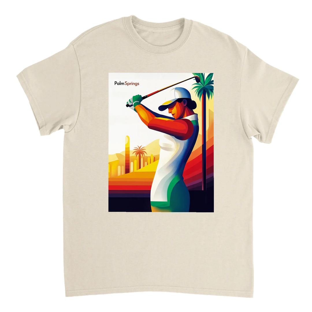 ゴルフパームスプリングスTシャツ。快適なコットン素材で、パームスプリングスの活気ある雰囲気を表現。ゴルフ愛好者や日差しを楽しむ人に最適な一枚です。