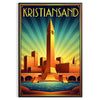 Plakat w stylu Art Déco przedstawiający malowniczy widok Kristiansand w Norwegii, dostępny w rozmiarach 50x70 lub 30x40