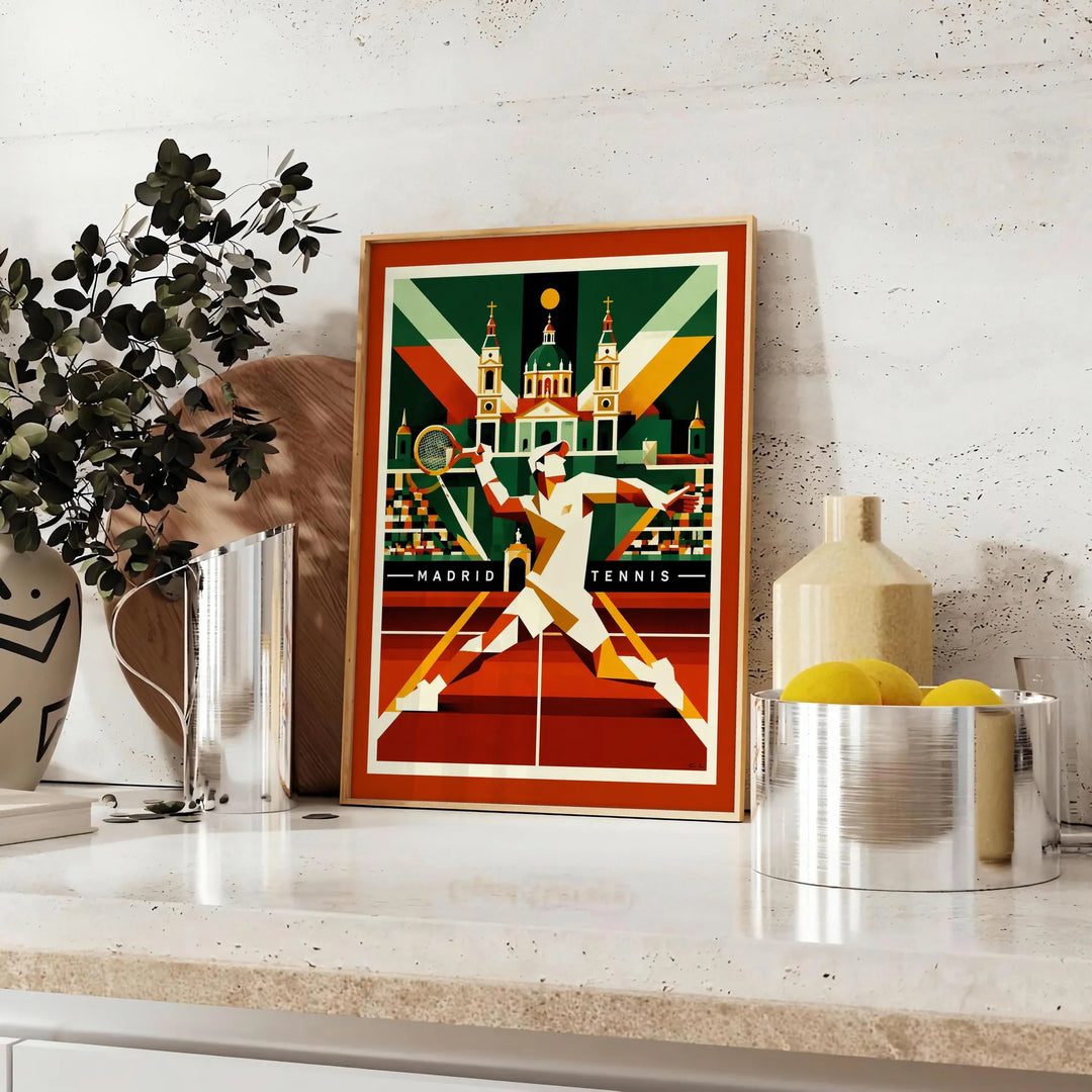 Färgglad Madrid Tennis poster med röd och orange nyanser, perfekt för tennisälskare. Finns i storlekarna 50x70 och 30x40, kan