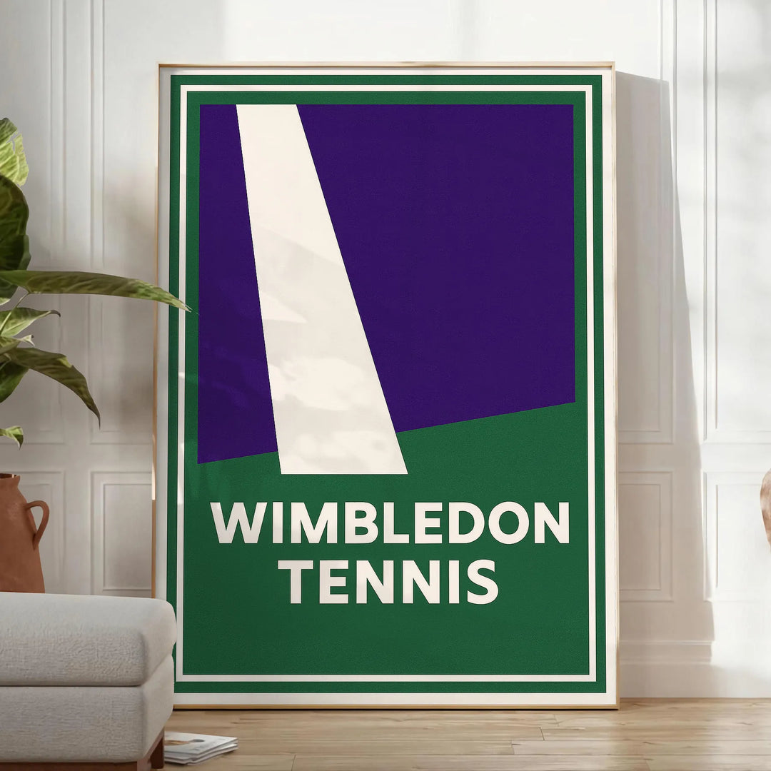 ウィンブルドンテニスのミニマルポスター。グレーとグリーンの洗練されたデザインで、スポーツ愛好者にぴったりのエレガントなアートワーク。