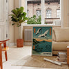 élégance asiatique affiche Cranes Dusk Japanese Stamp nuances bleu vert une touche sereine intérieur espace galerie raffinée A4 cm A0