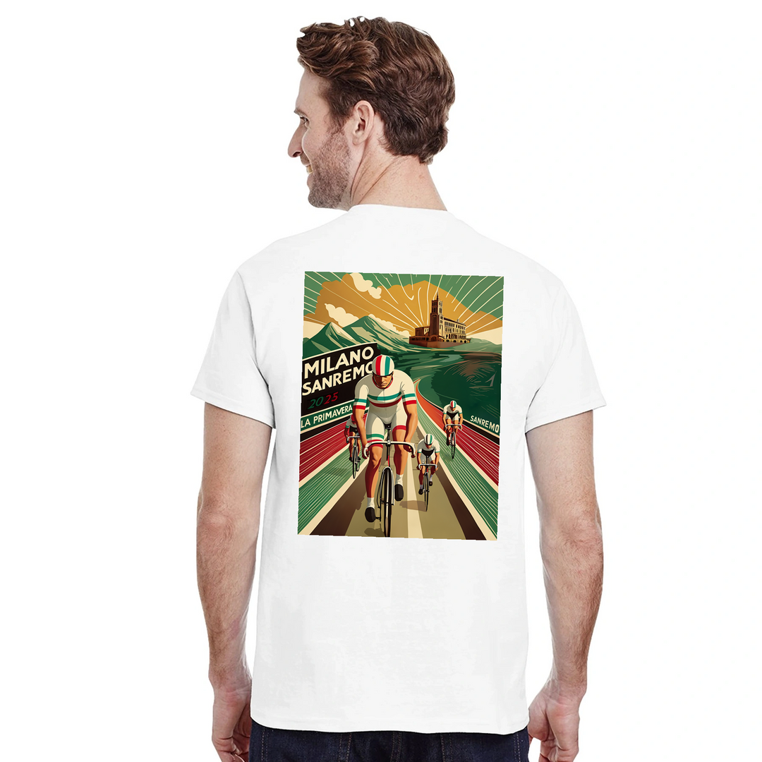 Koszulka Milano Sanremo z unikalnym wzorem, idealna dla miłośników kolarstwa. Dostępna w rozmiarach S, M, L, XL