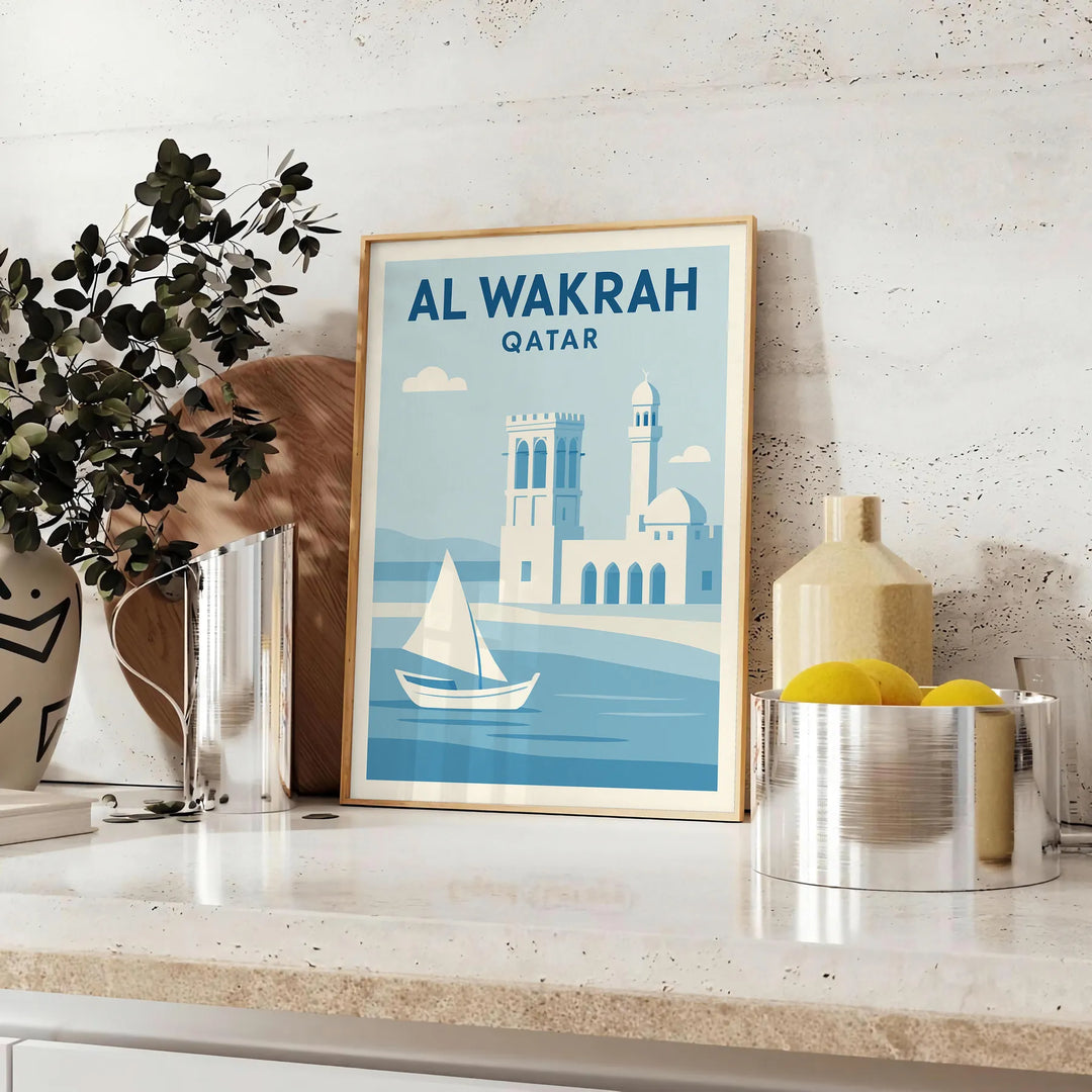 Poster Al Wakrah Qatar stile minimalista con skyline in grigio e blu