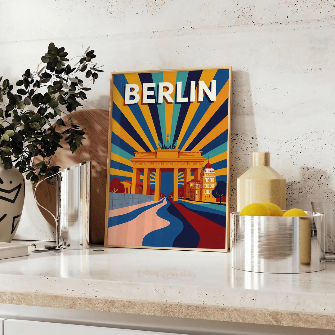 Poster Art Déco di Berlino, panorama urbano rosso e arancione vintage