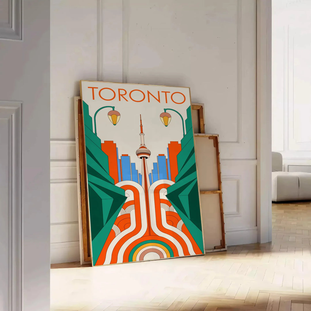Toronto Art Déco Poster in Orange und Blau zeigt Stadtsilhouette