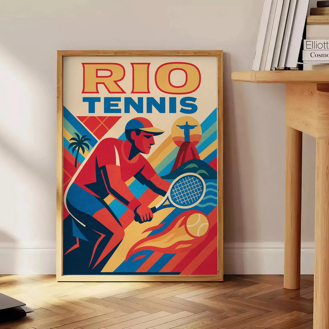 リオテニスのヴィンテージポスター、ブラウンとレッドの美しい色合いが特徴。サイズは50x70または30x40 cmで、テニス愛好家やヴィンテージ好きにぴったりなアート作品。フレーム付きまたはフレームなしで購入可能。
