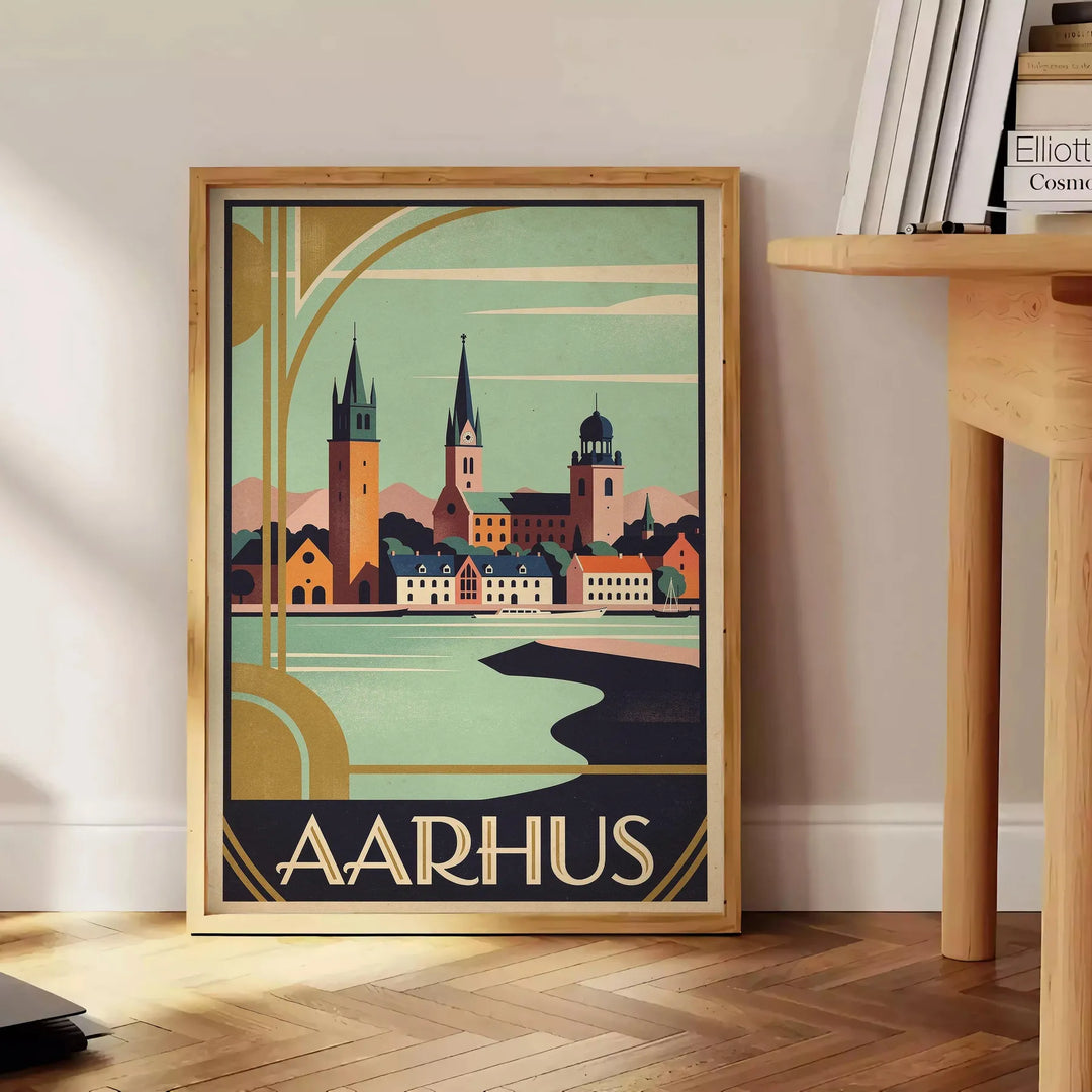 Vintage Art Déco Aarhus Denmark poster with orange and brown cityscape design