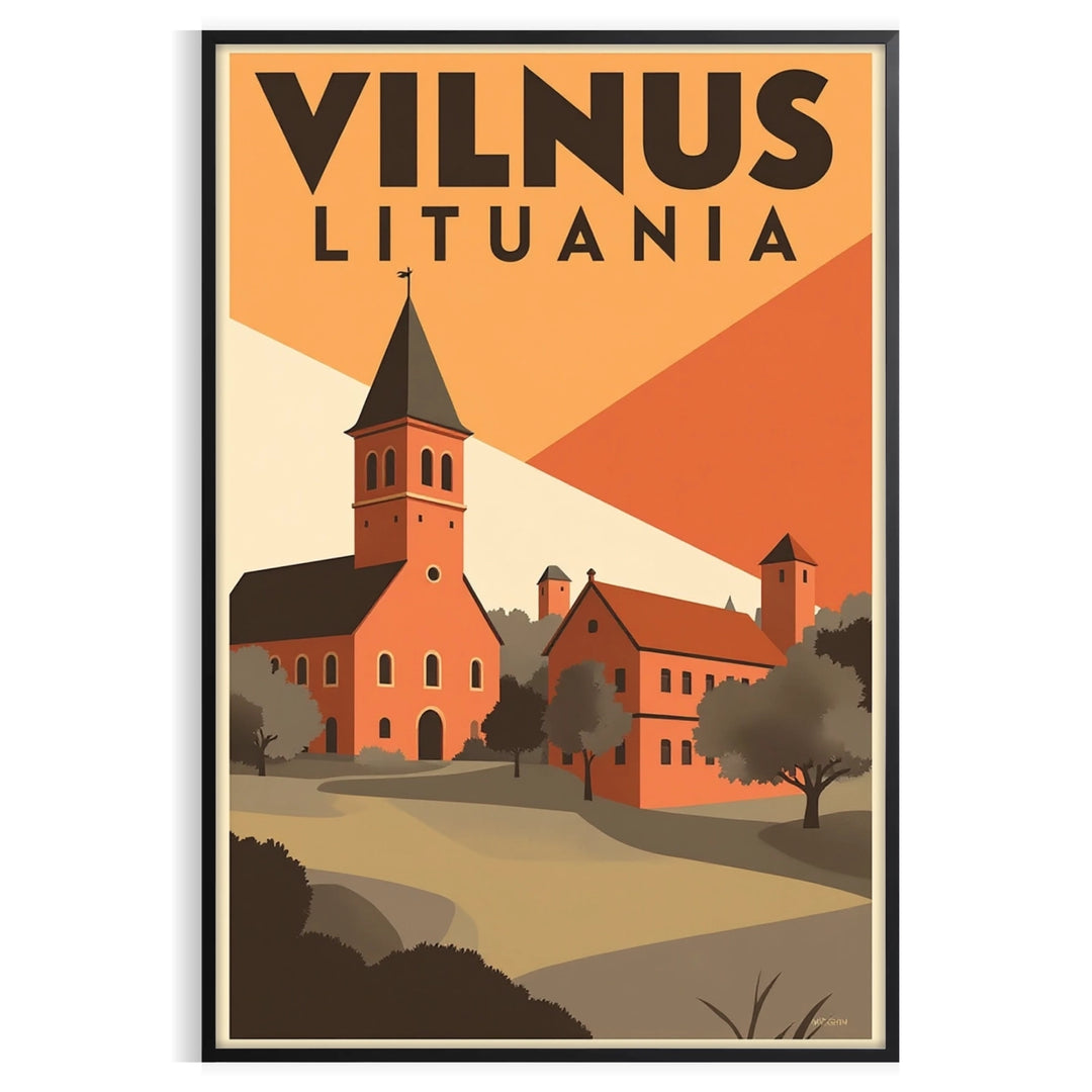 charm Vilnius Lithuania stunning vintage travel art deco poster vibrant shades orange black eye artwork essence city timeless piece dimensions today unframed options