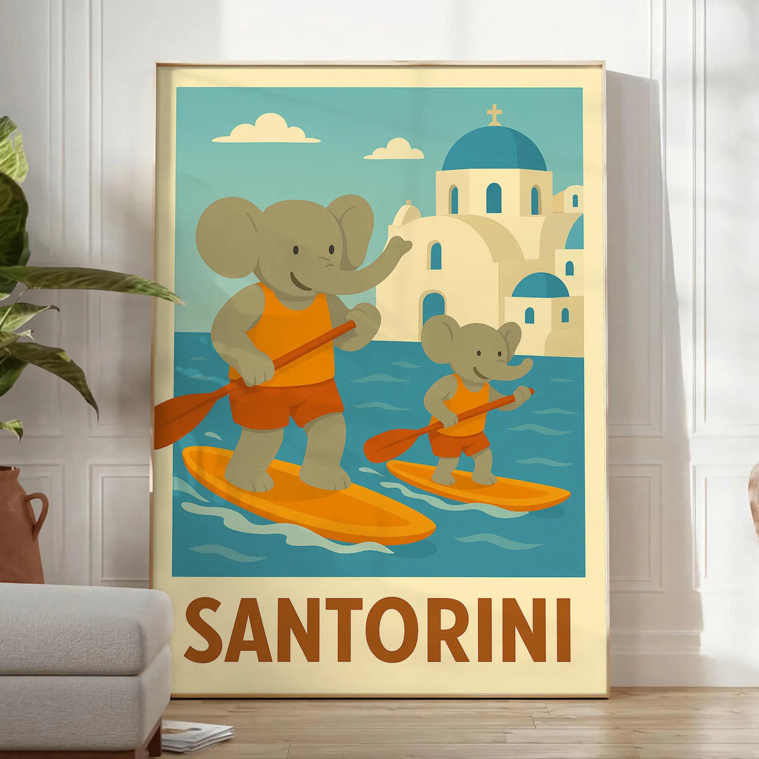 space enchanting Kid Elephant Paddle Santorini poster stunning blue orange hues children rooms playful spaces vibrant artwork imagination joy touch whimsy home sizes A4 cm A0